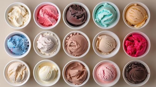 Assortment of Scoops of Ice Cream in White Bowls