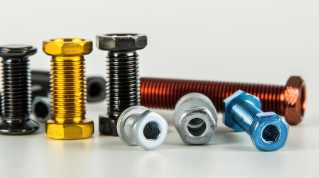 Assortment of screws in various colors on a white background