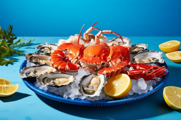 Assortment of seafood featuring prepared crab fresh oysters and more Generative Ai