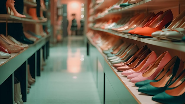 Assortment of shoes on the showcase of a shoe store Al generated