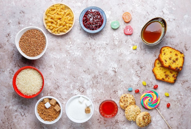 Assortment of simple carbohydrates food, top view