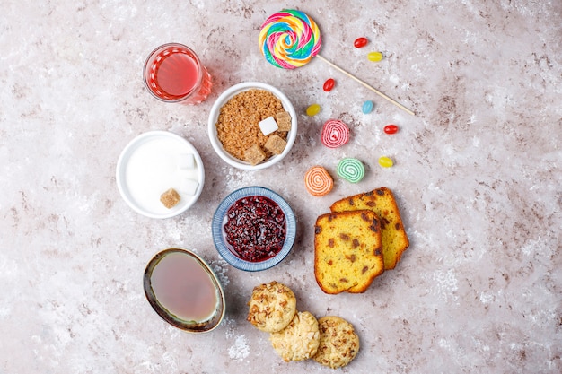 Assortment of simple carbohydrates food, top view