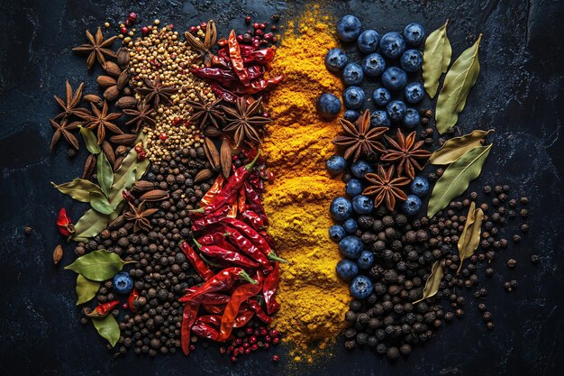 Photo assortment of spices herbs and berries on a dark background