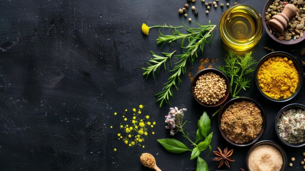 Photo assortment of spices and herbs on dark background