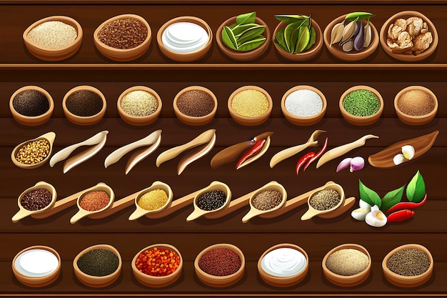 Photo assortment of spices and herbs in wooden bowls on a wooden shelf