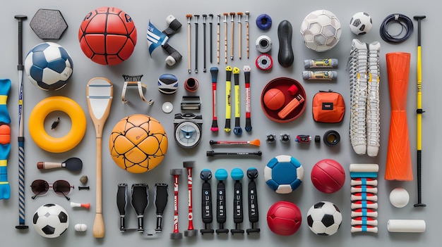 An assortment of sports equipment laid out on a gray background