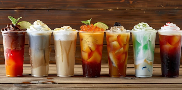 Assortment of Starbucks coffee and tea drinks with straws Cafe beverages concept