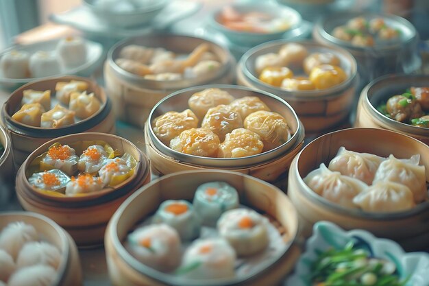 Photo assortment of steamed dim sum in bamboo baskets photo