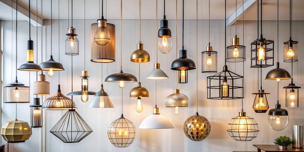 Photo an assortment of stylish modern chandeliers featuring a variety of materials and shapes are hung in a minimalist space chandelier lighting modern interior design gold black metal wire glass