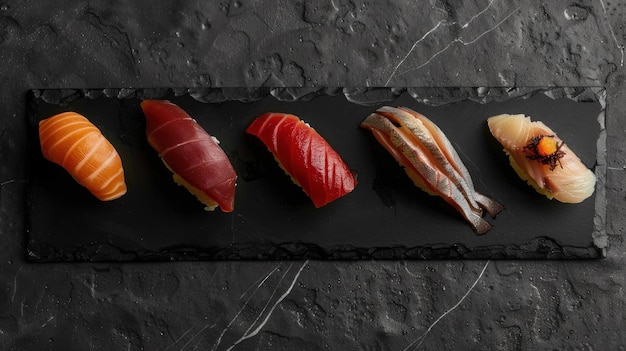 Assortment of Sushi on a Black Slate Plate