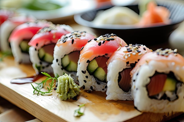 An assortment of sushi rolls garnished with sesame seeds served with wasabi pickled ginger and soy sauce on a wooden serving board