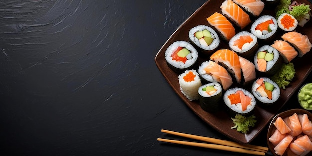 An assortment of sushi rolls including salmon tuna and vegetable rolls dark background