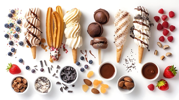 Photo assortment of sweet treats with toppings and ingredients on white background