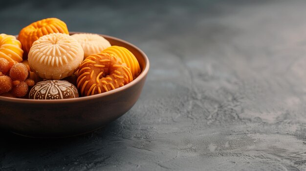 Photo an assortment of sweet treats in a wooden bowl