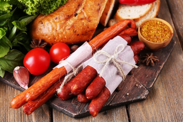 Assortment of thin sausages bread mustard in bowl and spices on cutting board on wooden background