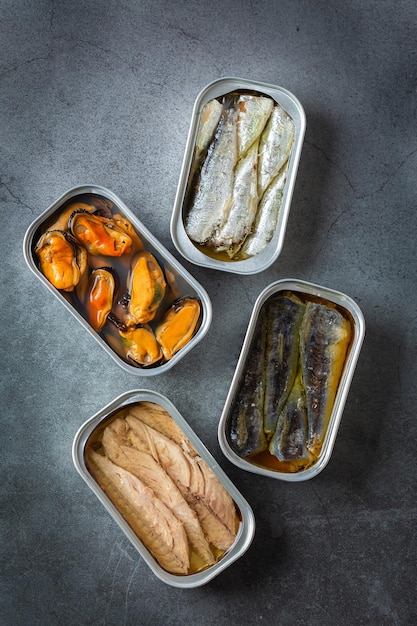 Assortment of Tinned fish canned food ready for date night