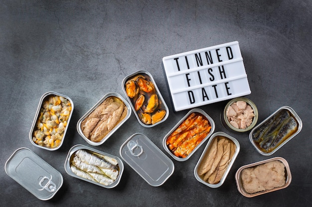 Assortment of Tinned fish canned food ready for date night