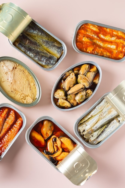 Assortment of Tinned fish canned food ready for date night