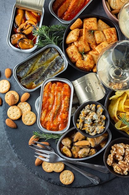 Assortment of Tinned fish canned food ready for date night