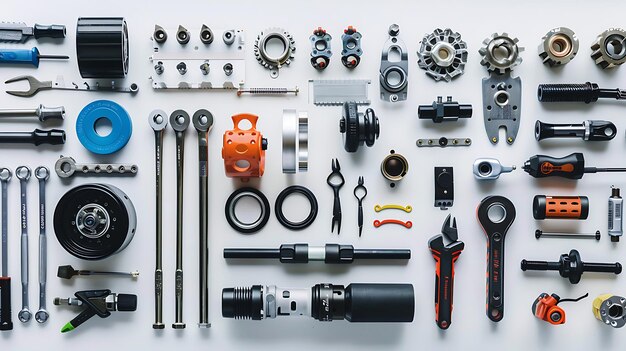 Photo assortment of tools and parts in a flat lay composition