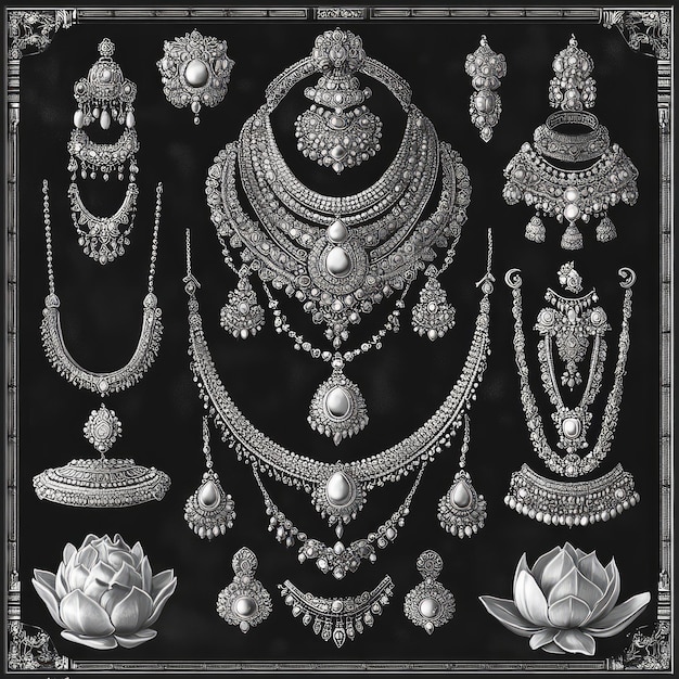 An assortment of traditional Indian jewelry including necklaces earrings bangles and a headpiece arranged in a symmetrical pattern on a black background