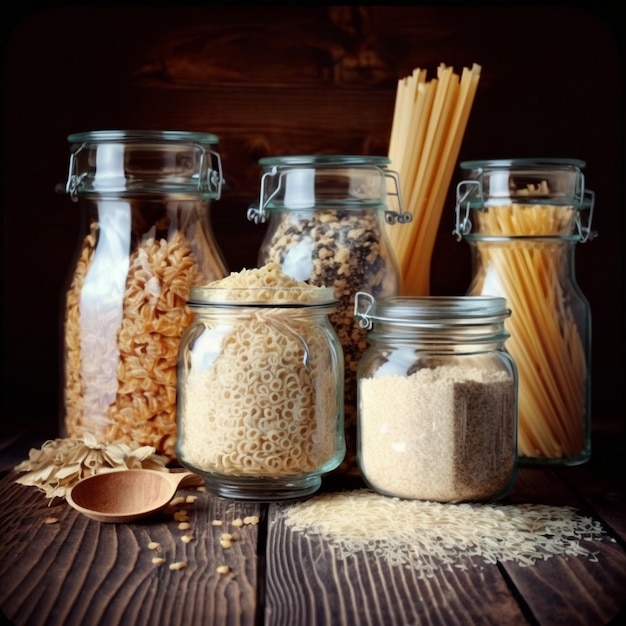 Assortment of uncooked grains cereals and pasta in glass jars on a wooden table Healthy cooking