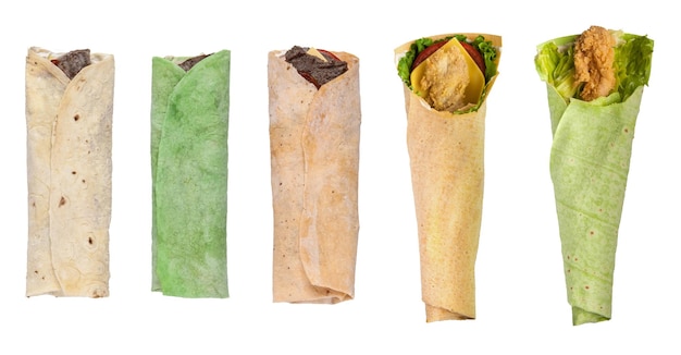 Assortment and variety of pita bread on a white background isolated