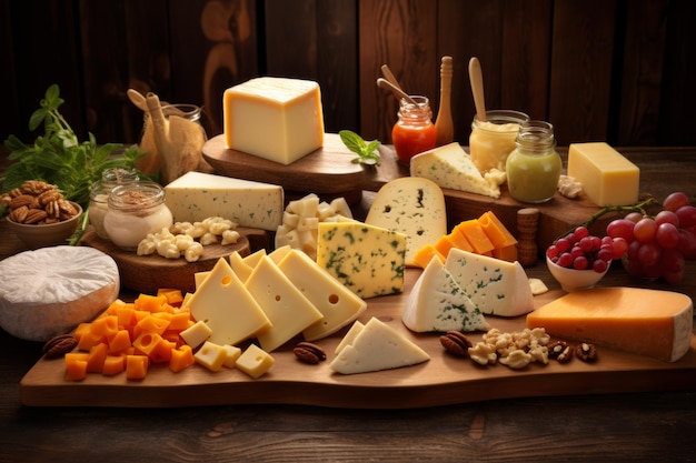 Assortment of various cheese types displayed appetizingly on wooden table for culinary delight