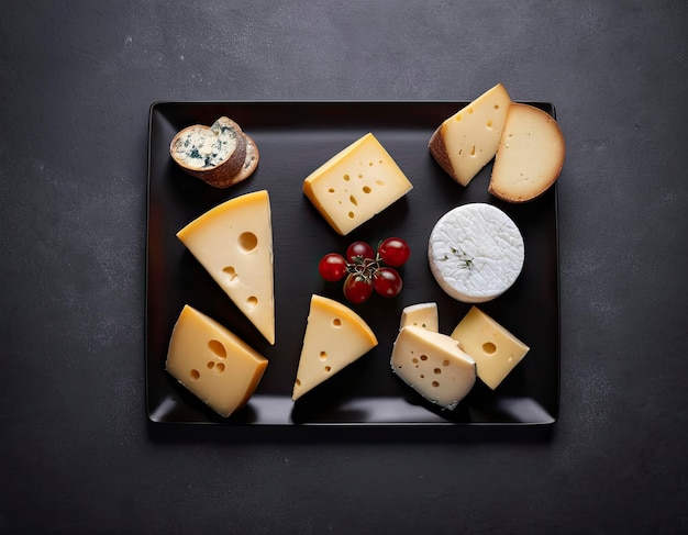 Photo assortment of various cheeses captured in studio lighting on a stylish dark background