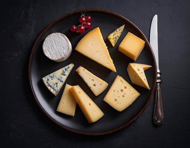 Photo assortment of various cheeses captured in studio lighting on a stylish dark background