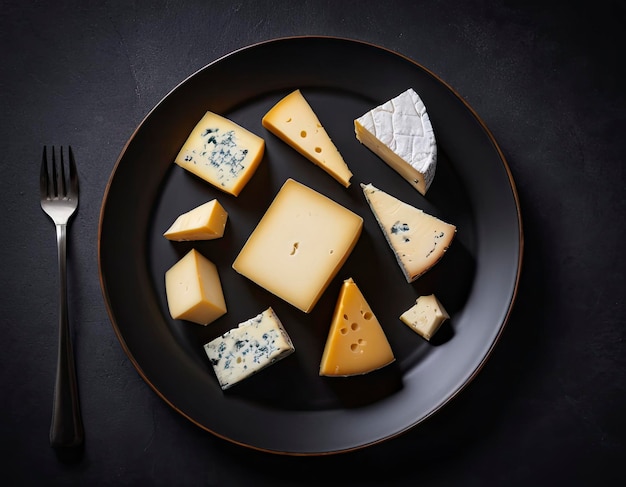 Photo assortment of various cheeses captured in studio lighting on a stylish dark background