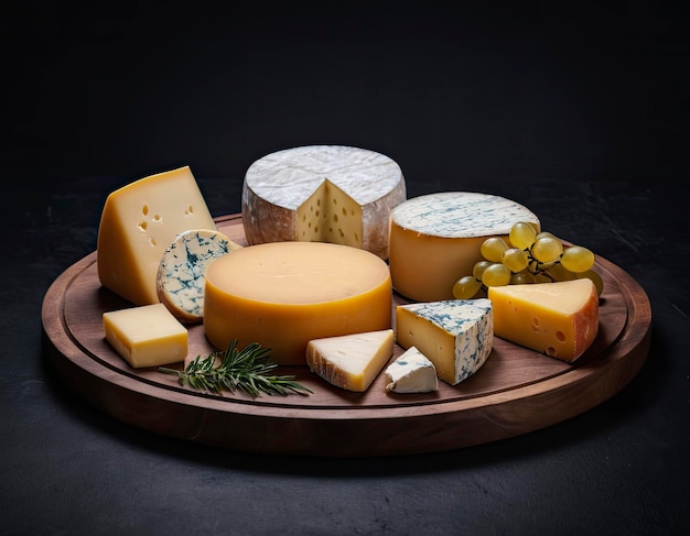 Photo assortment of various cheeses captured in studio lighting on a stylish dark background