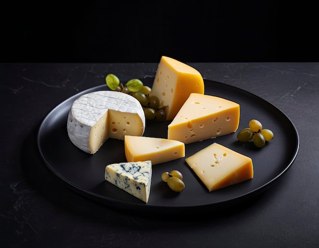 Photo assortment of various cheeses captured in studio lighting on a stylish dark background