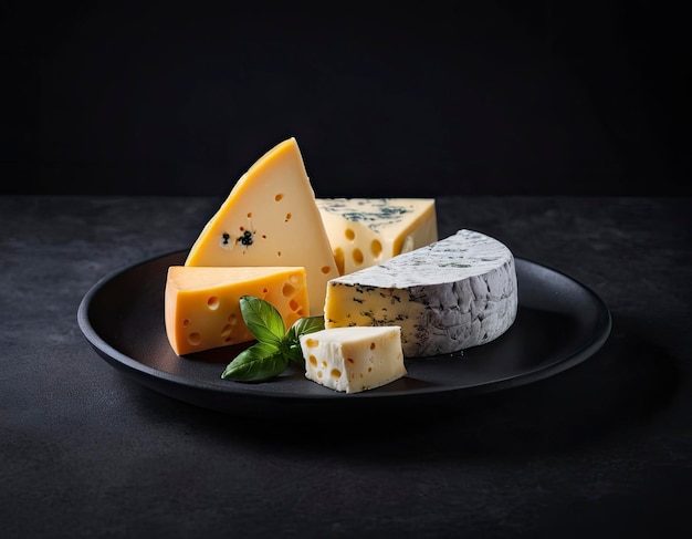 Photo assortment of various cheeses captured in studio lighting on a stylish dark background