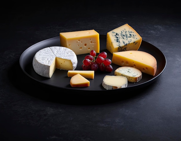 Photo assortment of various cheeses captured in studio lighting on a stylish dark background