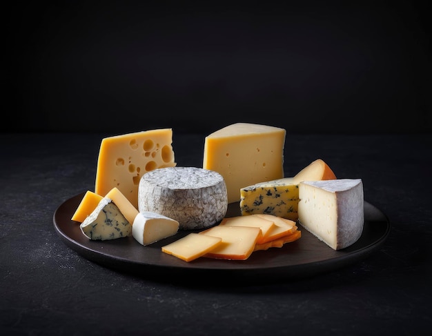 Assortment of various cheeses captured in studio lighting on a stylish dark background