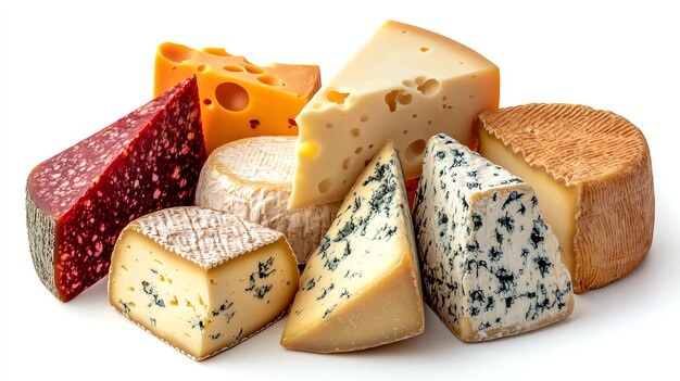 Photo an assortment of various cheeses showcasing different textures and colors perfect for culinary presentations and cheese platters