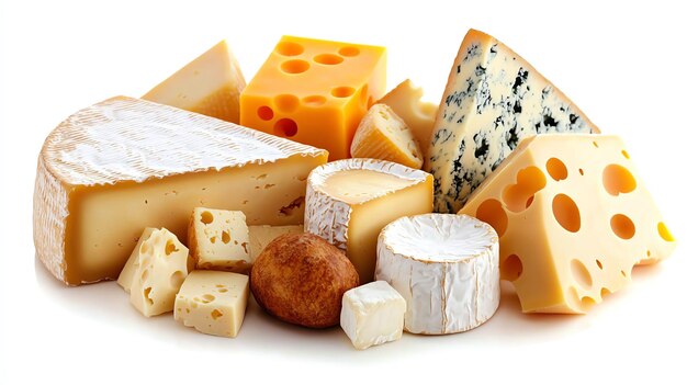 Photo an assortment of various cheeses showcasing different textures colors and shapes that invite culinary creativity