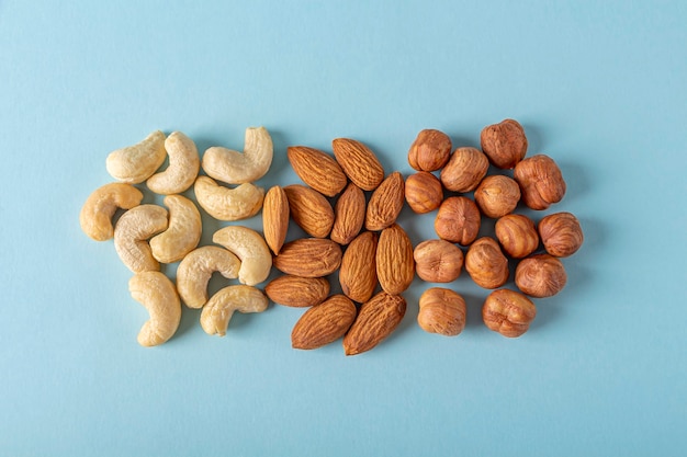 Assortment of various types of nuts cashew, hazelnuts, almonds