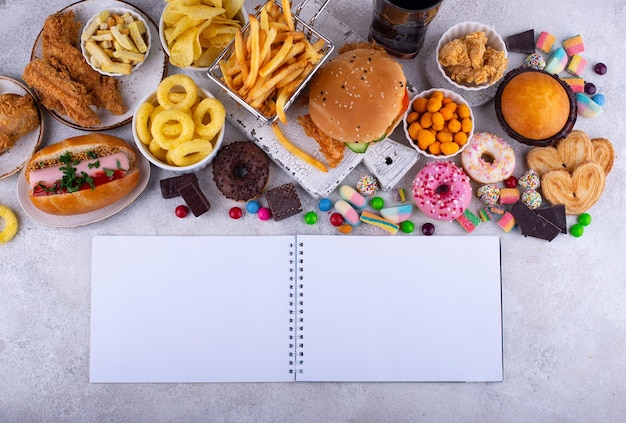 Assortment of various unhealthy junk food