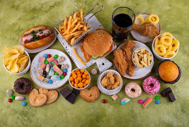 Assortment of various unhealthy junk food