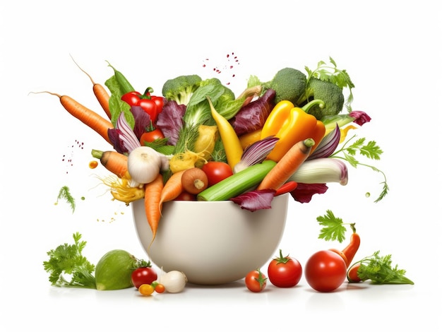 Assortment of vegetables for salad flying into a bowl on a white background