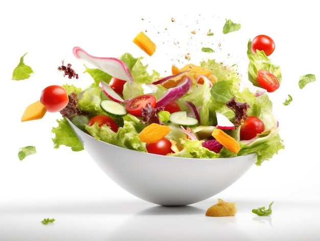 Assortment of vegetables for salad flying into a bowl on a white background