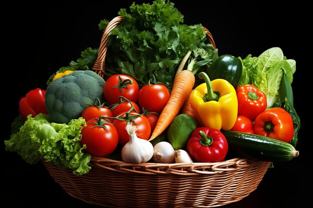 Assortment of vibrant farmfresh vegetables arranged beautifully in a rustic woven basket