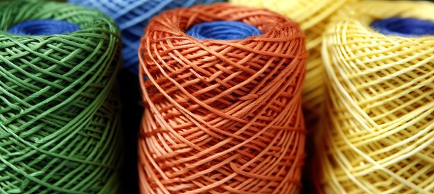 Assortment of vividly colored yarn rolls creating a vibrant and colorful background