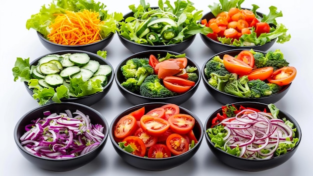 Photo assortment with various salads on white background