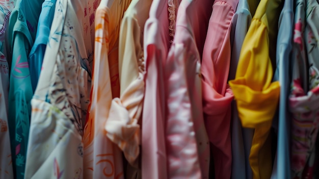 assortment of womens pajamas A womans colorful pajamas in a closeup an ideal backdrop for a hom