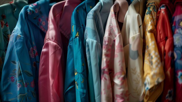 assortment of womens pajamas A womans colorful pajamas in a closeup an ideal backdrop for a hom