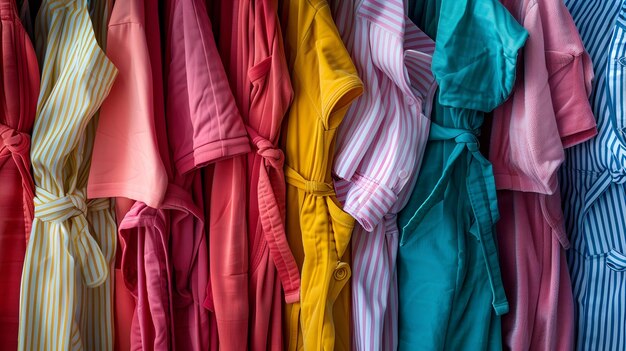 assortment of womens pajamas A womans colorful pajamas in a closeup an ideal backdrop for a hom