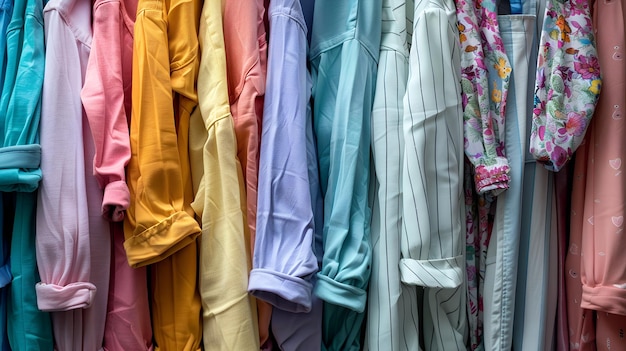 assortment of womens pajamas A womans colorful pajamas in a closeup an ideal backdrop for a hom